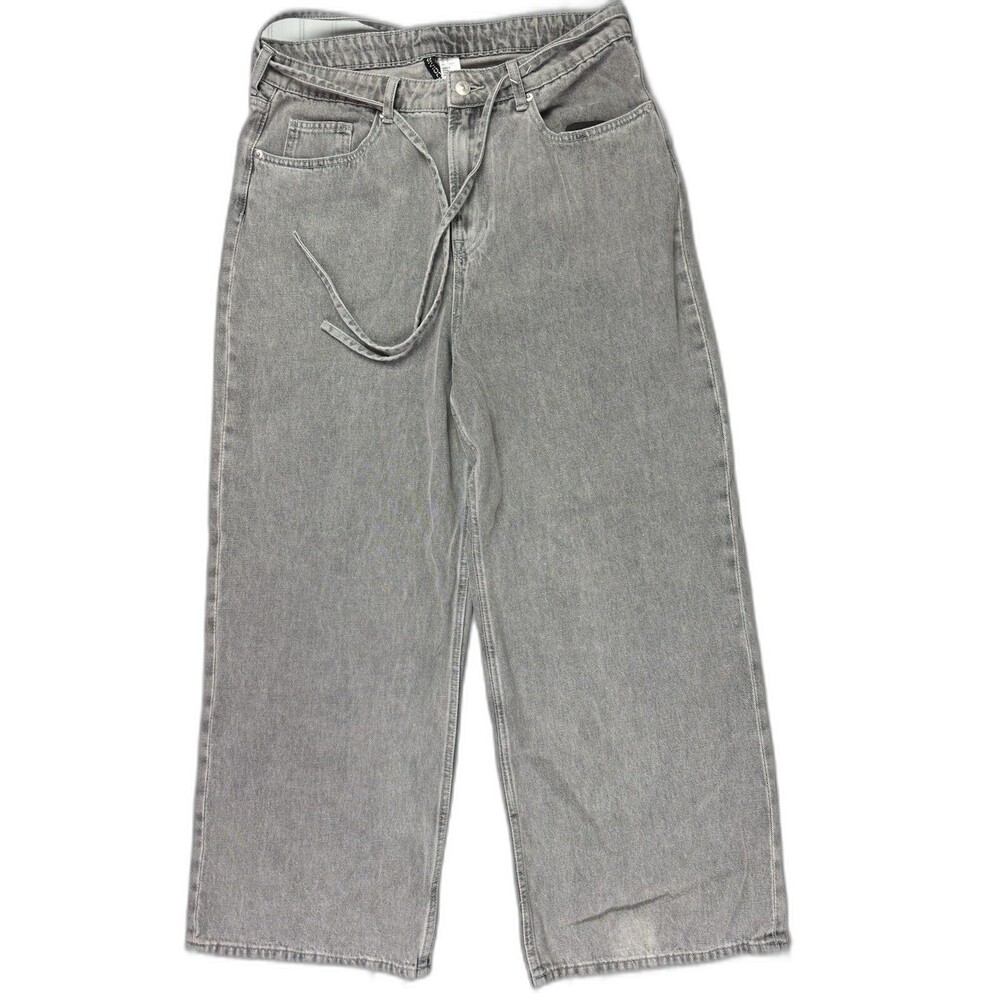 Divided By H&M Size 10 Womens Jeans Gray Cotton Wide Leg High Rise Tie Waist